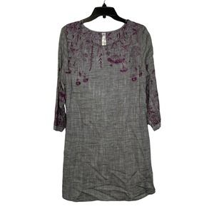 Uncle Frank Dress Size Small Gray Purple Floral Embroidery Pockets Linen Blend